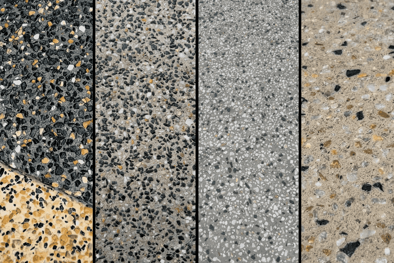 A photo collage of different exposed aggregate concrete finishes